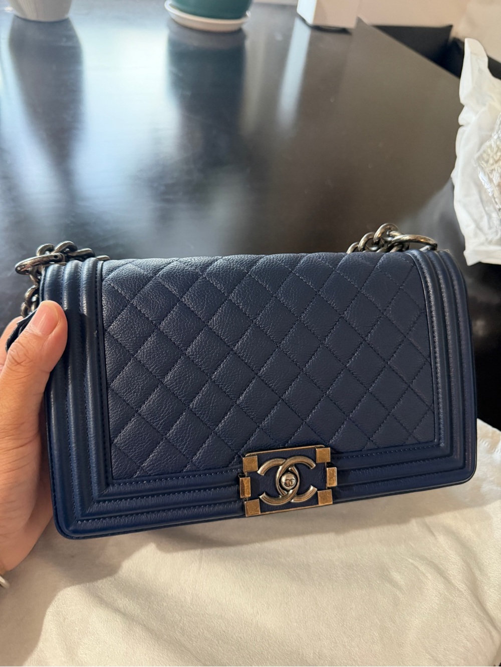 CHANEL Navy Quilted Boy Shoulder Bag with Gold-Tone Hardware